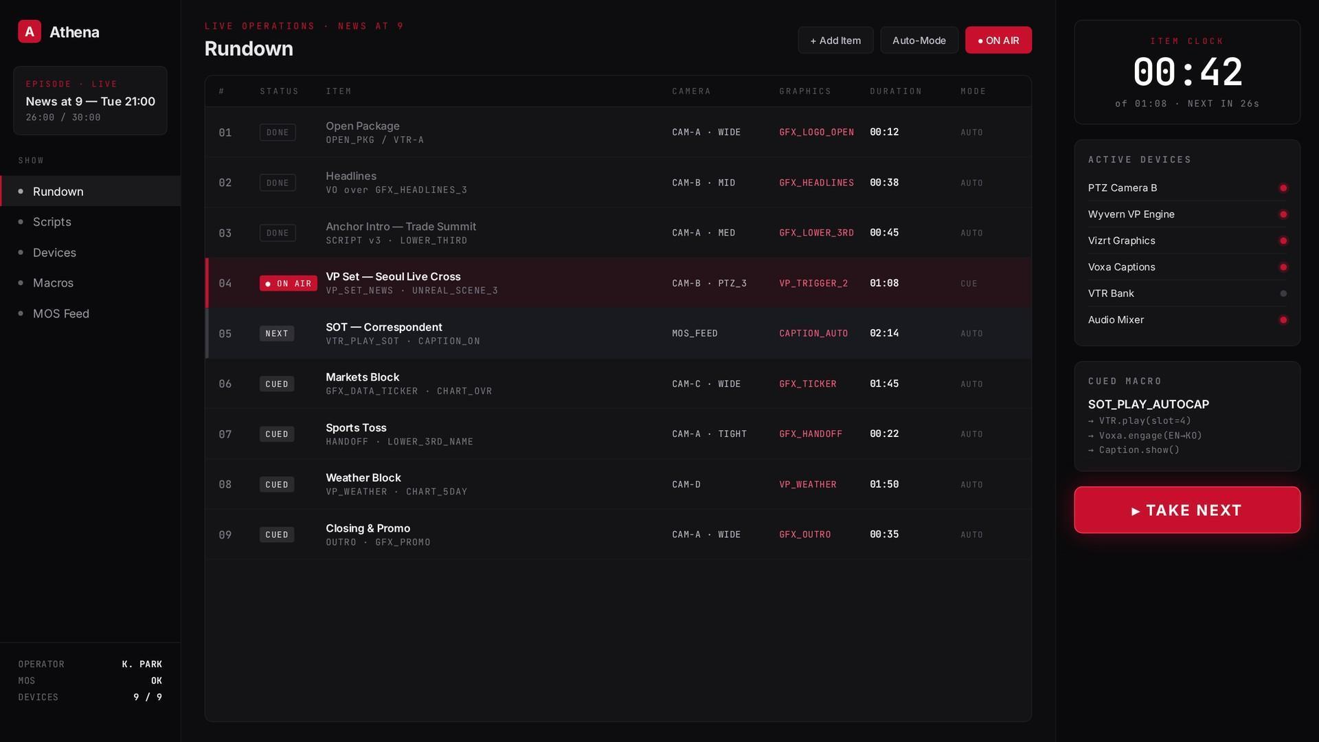 Athena Broadcast Automation Rundown Preview