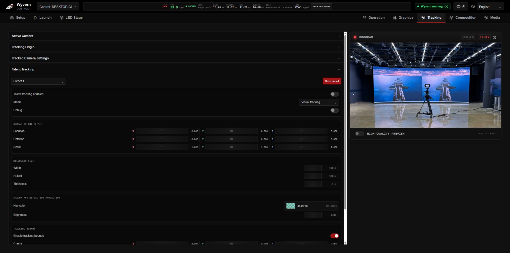 Talent tracking mode and configuration controls