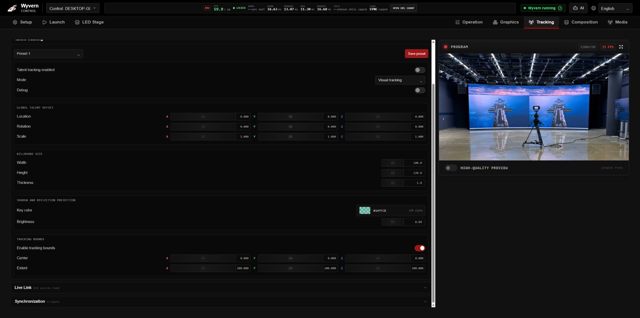 Talent shadow and reflection projection settings and tracking bounds