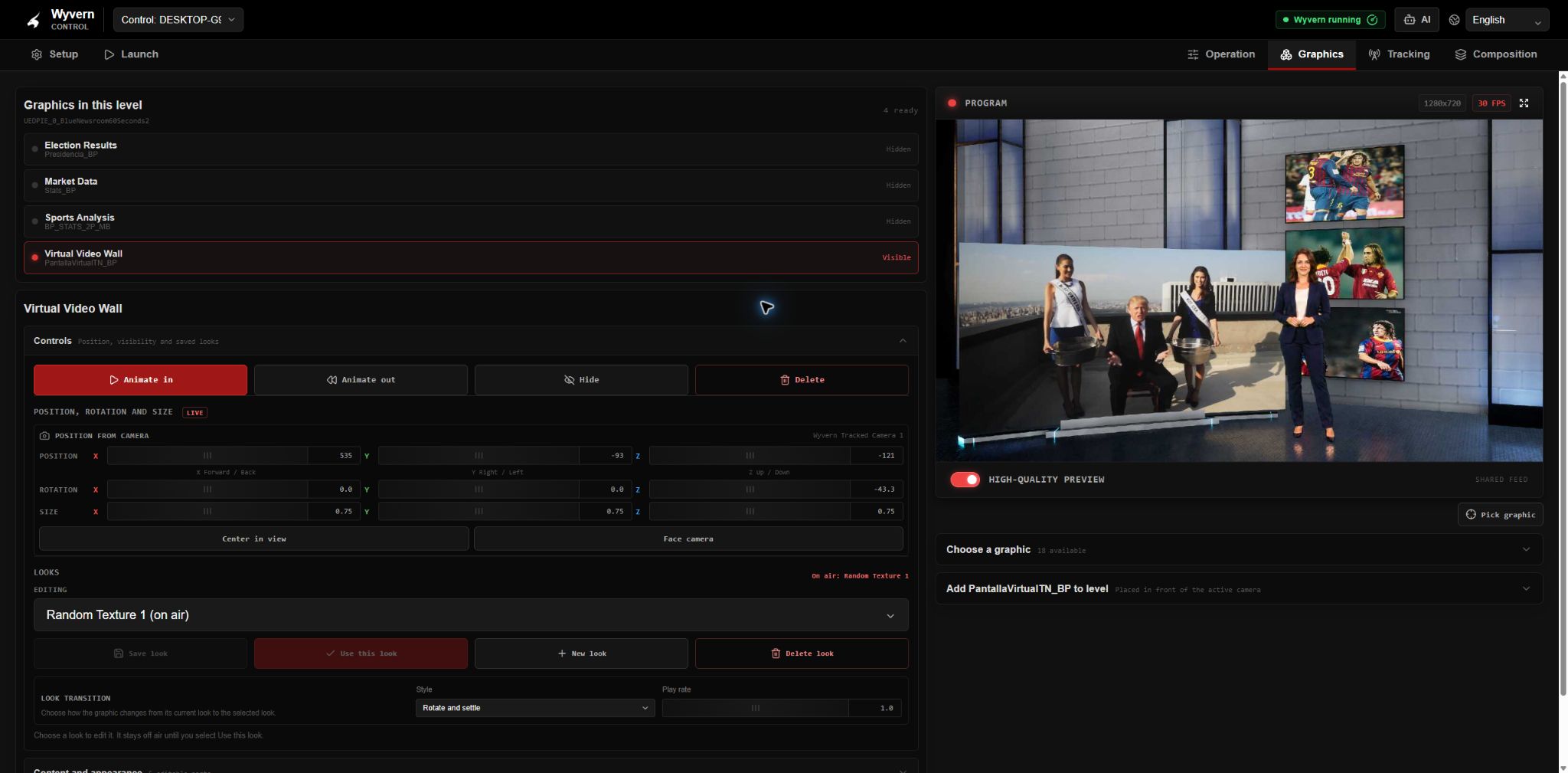 Virtual-screen controls, saved looks and live programme preview in the Wyvern interface
