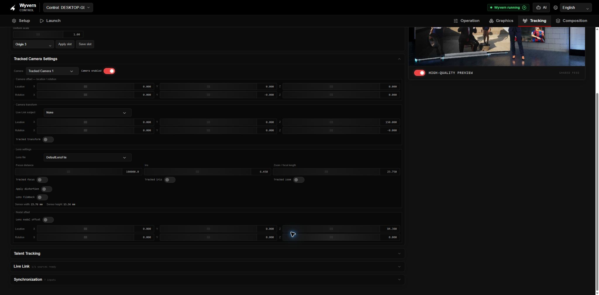 Focus, iris, zoom and lens settings in the same tracking workspace