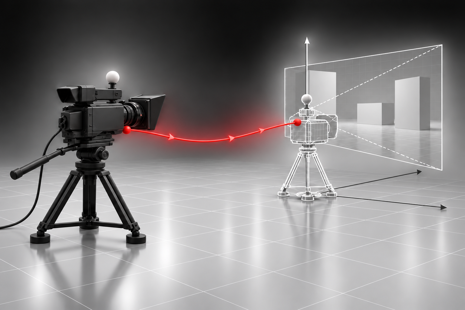 Tracking data flows from a physical camera to its virtual camera and the production scene