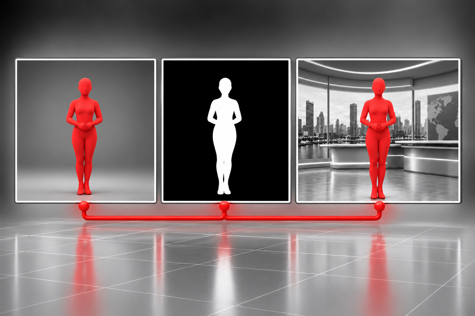 Three keying views: presenter source, silhouette matte and presenter composited over a virtual background